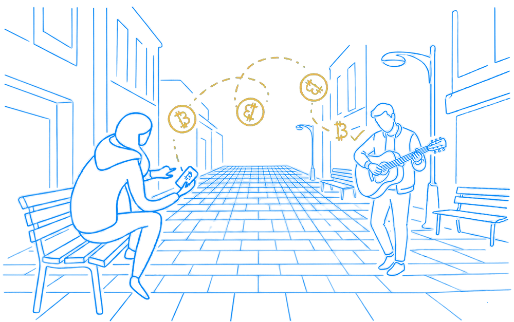 Two people on a street exchanging bitcoin peer-to-peer